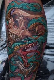 Brand new school style colored leg skull with snake tattoo pictures