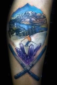 Leg color ski man with winter forest tattoo