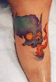 kalv symmetrisk tatovering mandlige skaft på flamme og kranium tatovering billede
