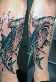Leg new college style colored hammerhead shark tattoo pattern