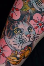 European calf tattoo girl calf on flower and cat tattoo picture