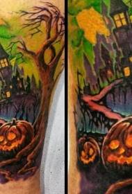 Leg color horror house and pumpkin tattoo pattern