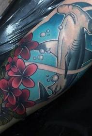Leg colored hammerhead shark and flower tattoo pattern