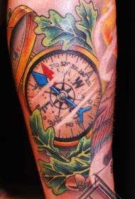 Leg color nautical style big compass tattoo picture