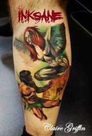 Immagine del tatuaggio del guerriero del demone colorata stile dell'illustrazione della gamba