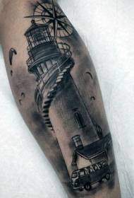 Calf black gray fun lighthouse and small car tattoo pattern