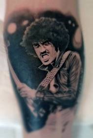 Black and white rock star portrait leg tattoo pattern