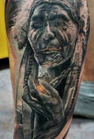 Borjú közepes méretű fekete régi indiai portré tetoválás minta