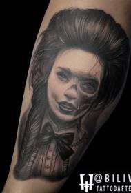 Realistic style black and white woman with tattoo combined with tattoo pattern