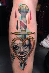 Old school colored dagger with rope and female portrait tattoo pattern
