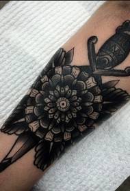 Arm thorn style black flower dagger tattoo pattern