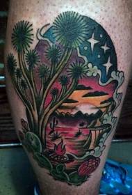 Calf night style colored night landscape tattoo pattern