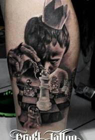 Calf realistic color boy with chess and crown tattoo pattern