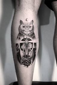 小腿黑色猫头鹰结合灯塔纹身图案