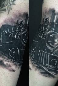 华丽描绘写实黑灰火车腿部纹身图案
