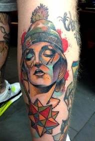 Calf new school color female portrait and hat tattoo pattern