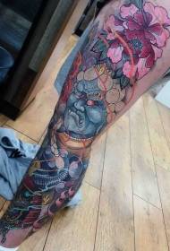 New school japanese style colorful demon with various floral tattoo patterns