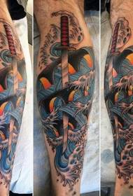 Shank Asian style painted sword and wavy tattoo pattern