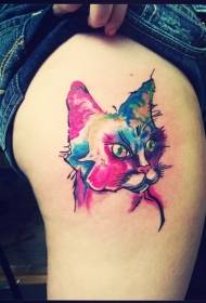 허벅지에 수채화 고양이 문신 패턴