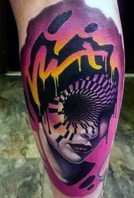 Calf color mysterious hypnotic woman portrait tattoo pattern