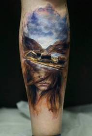 Calf color realistic landscape with woman face tattoo pattern