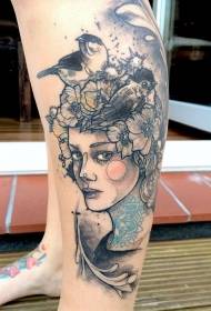 Shank vázlat stílusú színes láb lány portré virág madár tetoválás minta