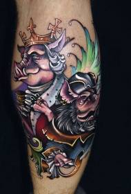 Funny cartoon color fantasy pig king tattoo pattern