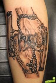 Wonderful black and white pistol alphabet hand cross rosary tattoo pattern