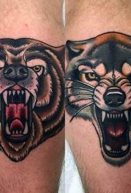 Calf old school colored wolf and bear avatar tattoo pattern