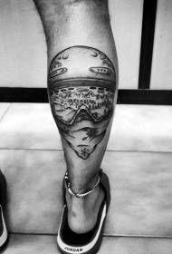 Calf black ski mask and landscape tattoo pattern