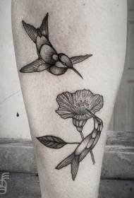 Borjú fekete pont kolibri és hibiszkusz tetoválás minta
