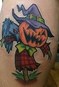 Funny colorful cartoon pumpkin scarecrow and crow tattoo pattern