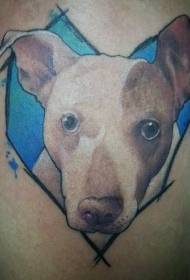 Color realistic dog portrait and heart shaped tattoo pattern