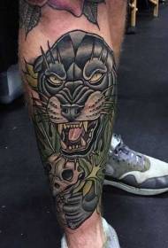 Calf new school color plant black panther tattoo pattern