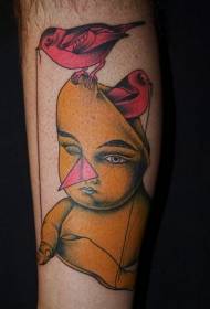 Calf little boy with little bird colorful tattoo pattern