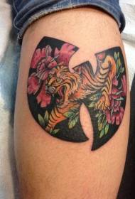 Leg totem silhouette with tiger and floral tattoo pattern