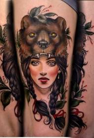 Leg new school color mysterious woman and bear helmet tattoo pattern
