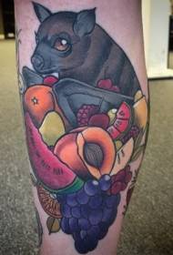 Blauzdos spalvos mielas šikšnosparnis su vaisių tatuiruotės modeliu