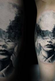 Calf black mountain forest portrait tattoo pattern