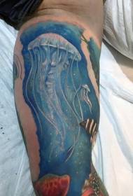 大腿彩色水下生活水母紋身圖案