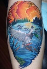Calf cartoon duck and landscape colored tattoo pattern