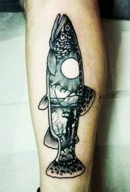 Legs wonderful black engraving style fish and landscape tattoo pattern