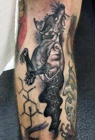 Calf engraving style black fantasy wolf tattoo pattern