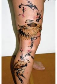 Leg Chinese style colored flower with eagle tattoo pattern
