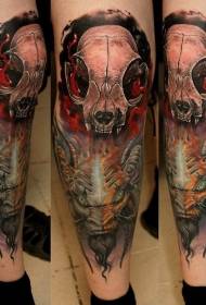 New school color leg demon cat skull tattoo pattern