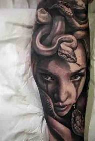 Unbelievable black gray Medusa tattoo pattern on calf