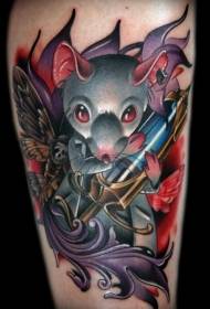 Horror style scary mouse with needle and butterfly tattoo pattern