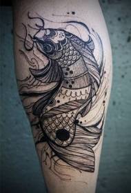 Patrón de tatuaje de pez blanco y negro de estilo asiático de caña