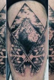 Αστεία μαύρο σκι βουνό σημείο τατουάζ γραμμή τατουάζ μοτίβο
