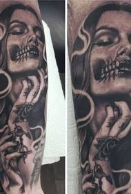 Black gray style smoking devil woman tattoo pattern